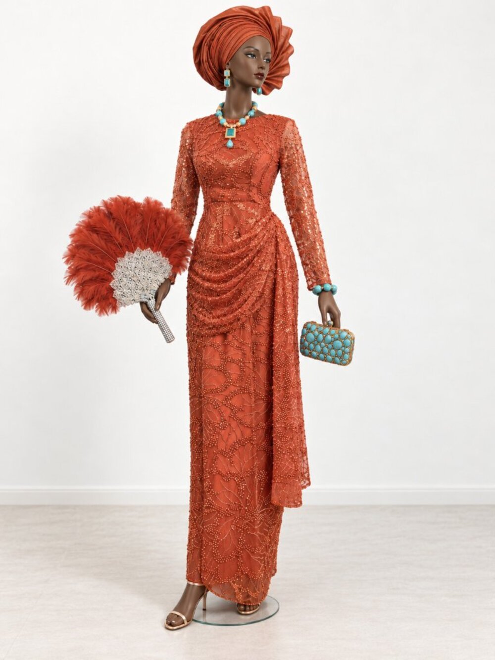Terracotta Beaded Sequin Evening Gown Custom Made Nigerian Formal Dress